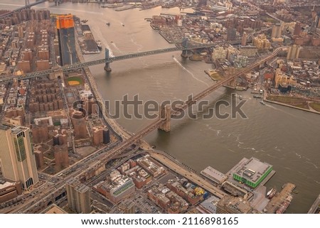 Aerial view of New York City skyline cityscape of Manhattan in USA at sunset