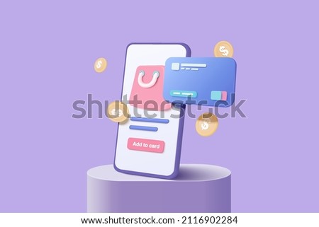 3d vector render online shopping bag using credit card or cash for future use. Credit card money financial security on mobile 3d e commerce. 3d vector shop purchase basket retail store on e-commerce Royalty-Free Stock Photo #2116902284