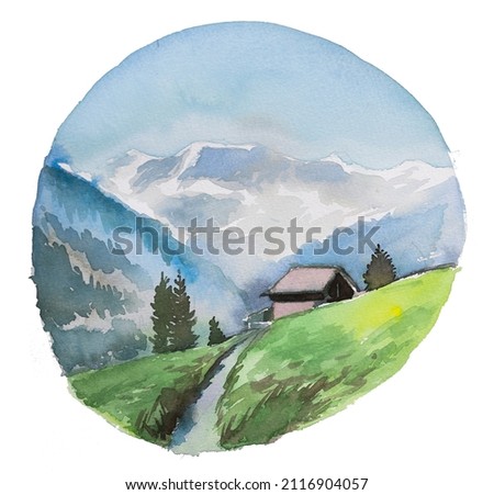 Watercolor hand painted mountains, forest and lake landscape illustration. Autumn nature scenery.Beautiful travel themed forest portrait.