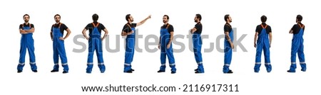 Profile, front and back view of man, male auto mechanic in dungarees standing alone isolated on white background. Concept of labor, business, caree, job, sales, ad. Nonprofessional occupations Royalty-Free Stock Photo #2116917311