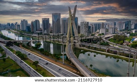 Estaiada's bridge aerial view in Marginal Pinheiros, São Paulo, Brazil. Business center. Financial Center. Famous cable stayed (Ponte Estaiada) bridge Royalty-Free Stock Photo #2116927910