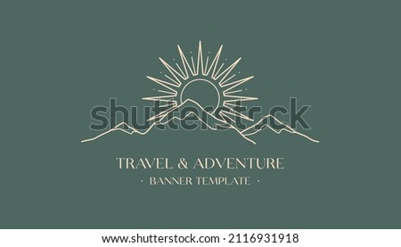 Vector travel logo design with snowcapped mountain landscape and sun.Boho linear icon or symbol in trendy minimalist style.Modern hike,camp or glamping resort label.Branding design,website banner. Royalty-Free Stock Photo #2116931918