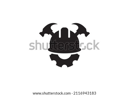 Hammer gear helmet construction logo isolated on white background vector illustration for labels, badges, t-shirts, etc.
