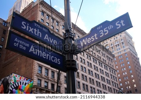 Blue West 35th Street, Broadway and Avenue of the Americas 6th historic sign in Midtown Manhattan in New York City