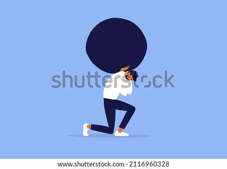 Businessman holding huge stone on shoulders. Sad man carrying heavy rock. Unhappy tired male person with boulder in hands. Duty, debt, difficult, burden, office hardship. Hard work vector illustration Royalty-Free Stock Photo #2116960328