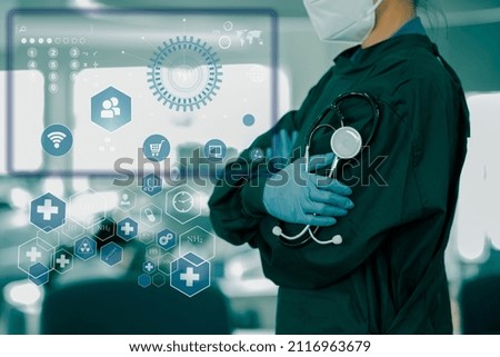 Healthcare and Medicine concept. Doctor and modern virtual screen interface icons.