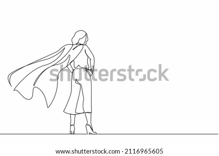 Single continuous line drawing superhero in cloak flutters in wind. Stands with her back. Successful businesswoman hero. Business success, leadership and victory. One line draw graphic design vector Royalty-Free Stock Photo #2116965605