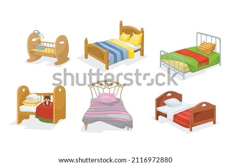 Wooden beds with different headboards cartoon vector illustration set. Collection of furniture for sleep with blankets, colored bed linen and pillows isolated on white background. Interior concept Royalty-Free Stock Photo #2116972880