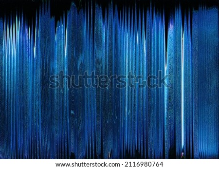 Glitch noise overlay. Digital artifacts. Frequency error. Signal interference. Blue white color distortion texture on dark black abstract background. Royalty-Free Stock Photo #2116980764