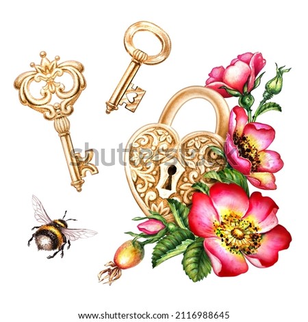 watercolor botanical illustration, gold heart lock and keys, red dog rose flowers, rosehip, flying bumblebee Valentine's day clip art isolated on white background
