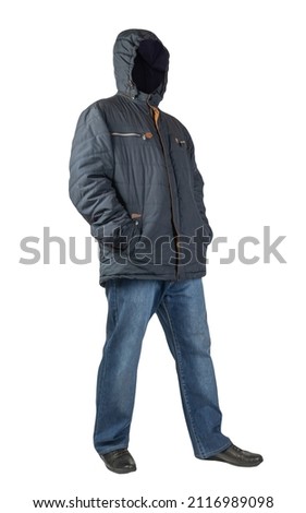 dark blue jeans, black leather shoes,dark blue  jacket with a hood isolated on white background. Casual style