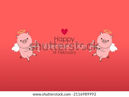 Happy Valentine's day poster. Pig character design. Happy Valentine's day. Character Cartoon Little Pig Cupid shooting a love, bow and arrow flying on white wings.