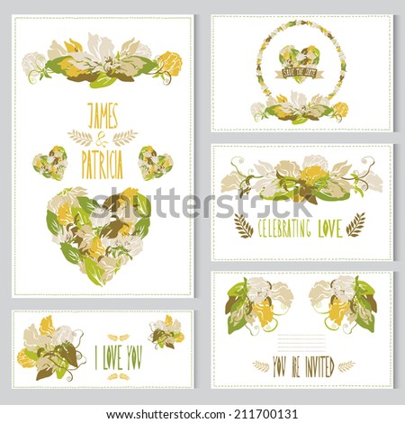Elegant cards with sweet pea bouquets, hearts and wreath, design elements. Can be used for wedding, baby shower, mothers day, valentines day, birthday cards, invitations. Vintage decorative flowers.