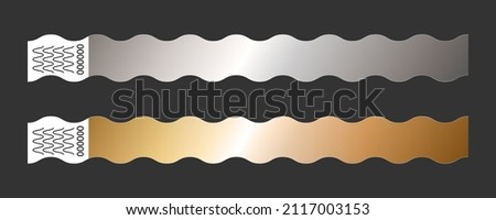 Paper wavy bracelet vector mockups for concert, vip zone or festival. Template or mock up suitable for branding. Metalic gold, silver wavy blank sticky wristlet tickets. Id isolated on dark background