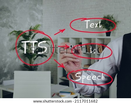 Concept about TTS Text to Speech . Interior of modern business office on an background.
