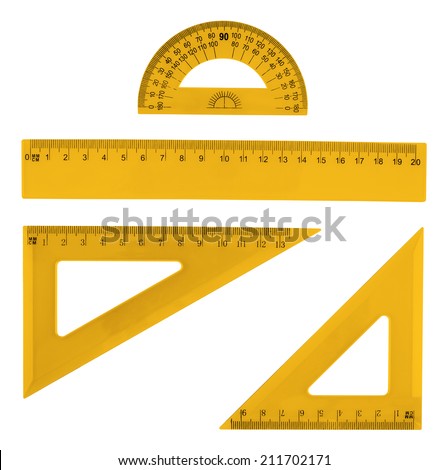 Set of multiple orange plastic rulers and the protractor, isolated over the white background