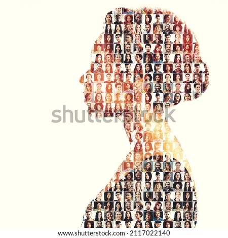 Faces from within. Composite image of a diverse group of people superimposed on a woman's profile. Royalty-Free Stock Photo #2117022140