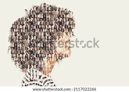 Together we make one. Composite image of a diverse group of people superimposed on a woman's profile. Royalty-Free Stock Photo #2117022266