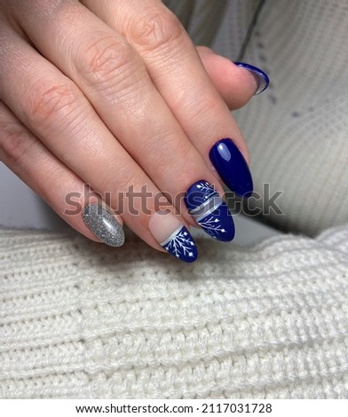 blue long manicure nails design snowflake 