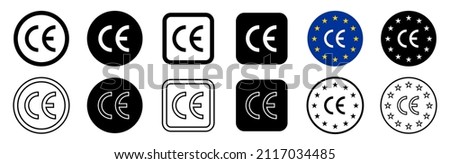 CE european marks, icons, symbols. Vector certificate, EU Union conformity logo. Product quality standard, CE made labels. Safety certified pictograms and stamps with official Euro flag for packaging. Royalty-Free Stock Photo #2117034485