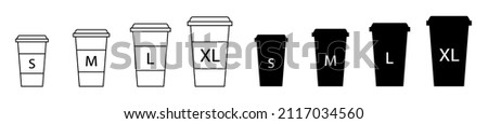 Coffee cup icons of small, large, medium size. Vector flat paper cup for drink, take, takeaway. Americano plastic coffe for business and takeout. Tall different, beverage mugs, sizes.Cafe illustration