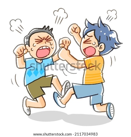 manga illustration of two little boys fighting    