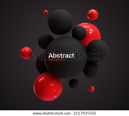 Abstract black and red image of flying spheres. Set of realistic, 3d balls and bubble, vector illustration. Futuristic  background for your design. Royalty-Free Stock Photo #2117035505