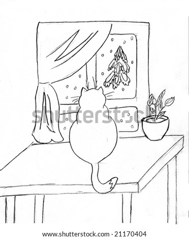 drawing of the cat on table against window