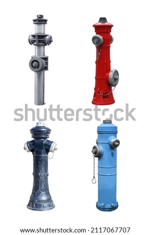 four old street firefighters hydrants for extinguishing fire isolated on white
