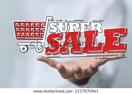 A person presenting a 3D render of super sale sign