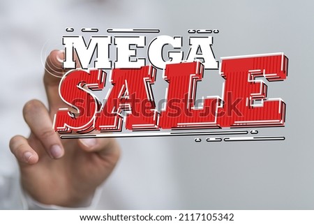 A person presenting a 3D render of mega sale sign