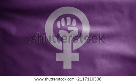 Women resist symbol with purple flag waving on wind. Girl power fist illustration background. Hand drawn feminism motivational slogan isolated. Human arm with clenched fingers. Royalty-Free Stock Photo #2117110538