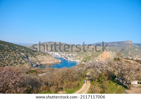 Black Sea Bay with yachts in Balaklava among mountains