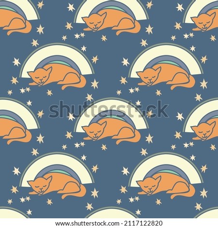 Sweet ginger sleeping cats asleep before the moon and stars vector repeat pattern on a blue background