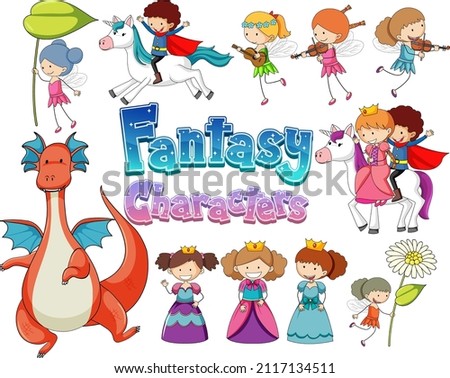 Set of dragons and fairy tale cartoon characters illustration