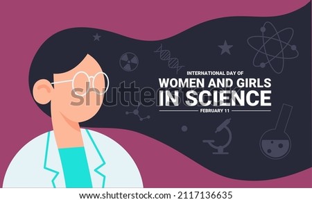International Day of Women and Girls in Science. Science icon set. Illustration of young scientist woman. vector illustration. Royalty-Free Stock Photo #2117136635