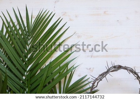 Palm fronds and partial crown of thorns on a white wood background with copy space Royalty-Free Stock Photo #2117144732