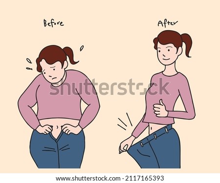 Before and after dieting. Vector illustration image with changed body shape. Royalty-Free Stock Photo #2117165393