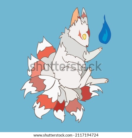 Isolated beautiful hand painted puppy fox. Fantastic creature character with seven tails. Cartoon style vector drawing.