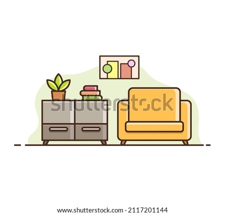 Living room in flat design with the view of the sofa and table is on the side in flat illustration