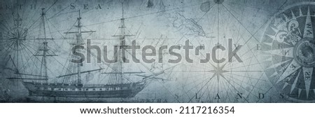 Old sailboat, compass and ancient  map historical background. A concept on the topic of sea voyages, discoveries, pirates, sailors, geography and history. Efect of overlay on old texture of paper.  Royalty-Free Stock Photo #2117216354