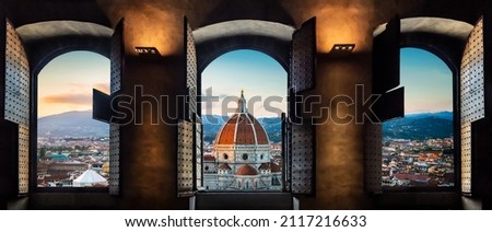 View from the old window on Florence Duomo Basilica di Santa Maria del Fiore.  Florence, Italy. Collage of the historical theme and the theme of travel. Royalty-Free Stock Photo #2117216633