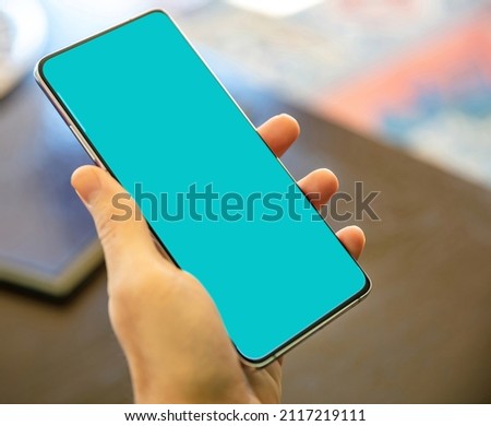Hand hold mobile phone with blank screen, closeup. Smartphone empty display on a male left hand, blur home interior background. Space for text, template