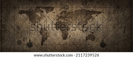 Old map of the world on a old parchment background. Vintage style. Tinting in gray-brown color. Elements of this Image furnished by NASA.