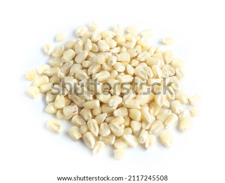 Organic White Dried Corn Whole Grain Kernels in Pile Isolated on White Royalty-Free Stock Photo #2117245508