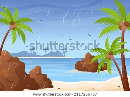 Rain Storm Background Vector Illustration with Beach Scenery when it Weather rains and Empty Public Place with Puddle for Banner or Poster
