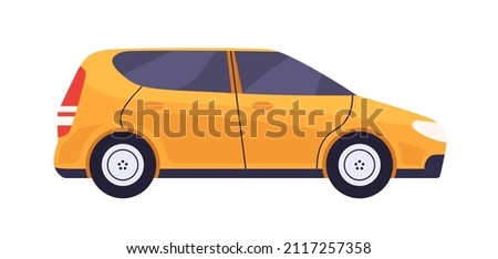 Hatchback car side view. Auto vehicle profile. Road wheel transport. New automobile model with hatch body type. Colored flat cartoon vector illustration isolated on white background