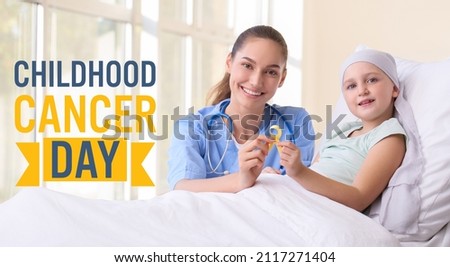 Awareness banner for International Childhood Cancer Day with doctor and little girl holding golden ribbon Royalty-Free Stock Photo #2117271404