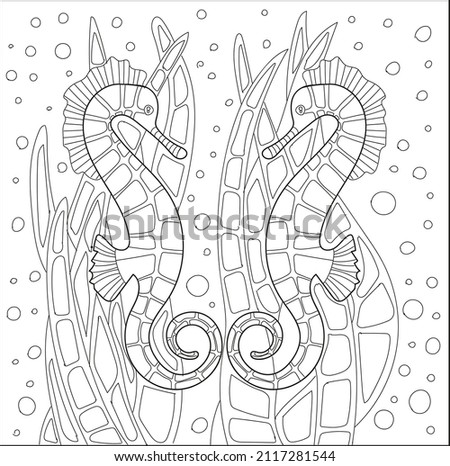 Seahorse underwater coloring page. Hand drawn vector illustration.