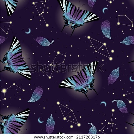 Elegant celestial seamless pattern with butterflies. Boho magic background with space elements stars, butterflies and leaves. Design for card, fabric, print, greeting, cloth, poster, clothes, textile.